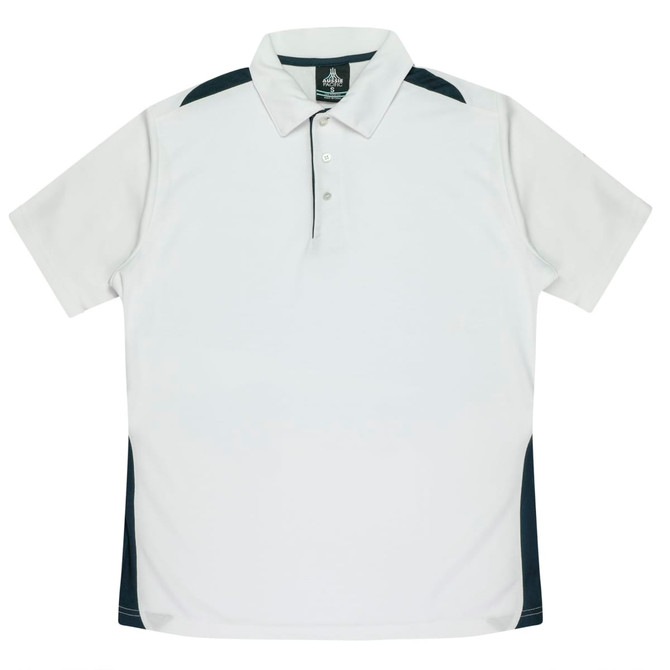 A white polo shirt featuring navy accents and a collar, with a logo located on the upper portion.
