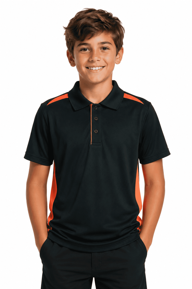 A black polo shirt with orange accents, worn by a smiling child. The shirt has a collar and buttons.