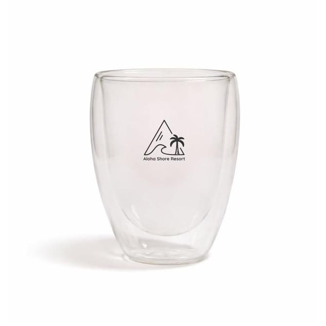 A drink bottle featuring a clear double-walled glass design with a logo. Suitable for hot or cold beverages.