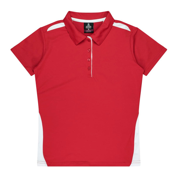 A red polo shirt with white side panels and a logo, featuring a classic collar and buttoned placket.