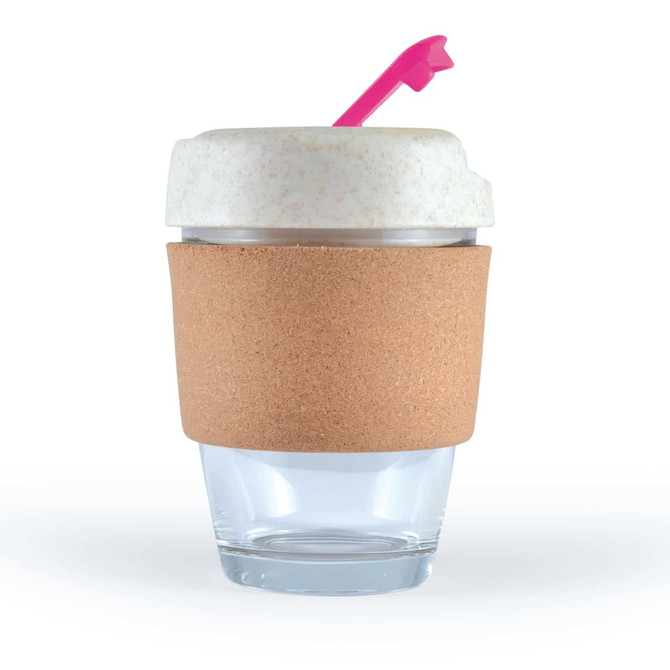 A reusable coffee cup with a transparent glass base, a cork band, and a white lid with a pink straw. It features a logo.