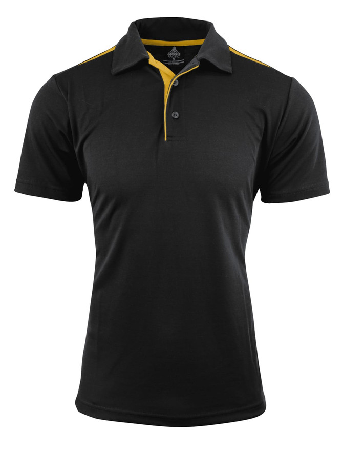 A black polo shirt with a yellow accent on the collar, featuring a logo on the chest.