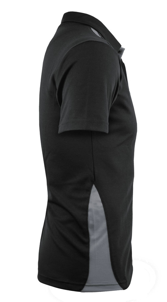 A black polo shirt featuring short sleeves and grey side detailing, with a logo on the chest.