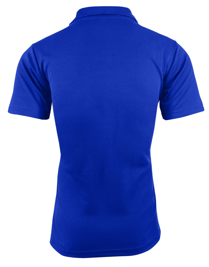A blue polo shirt featuring a collar and short sleeves, with a simple design on the back.