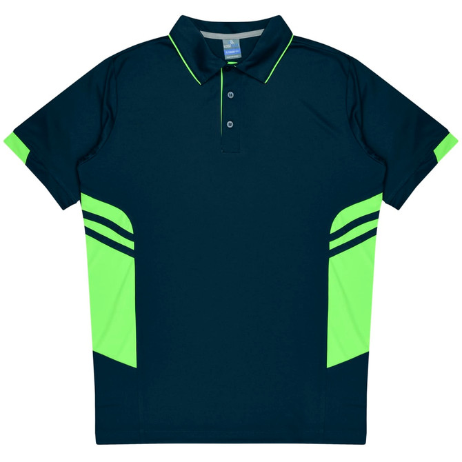 A dark navy polo shirt with bright green detailing on the sides and collar. It features a collar and buttons.