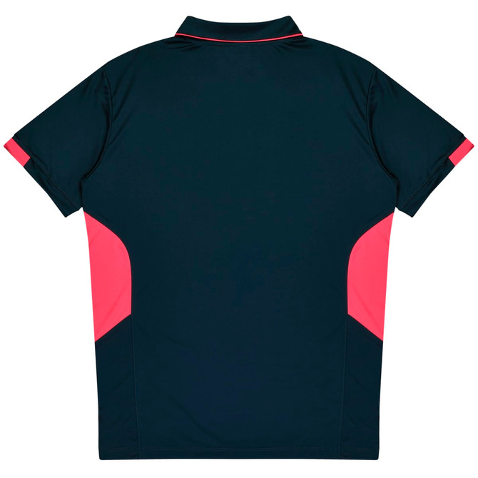 A dark navy polo shirt with pink accents on the sleeves, featuring a collar and a branding logo.