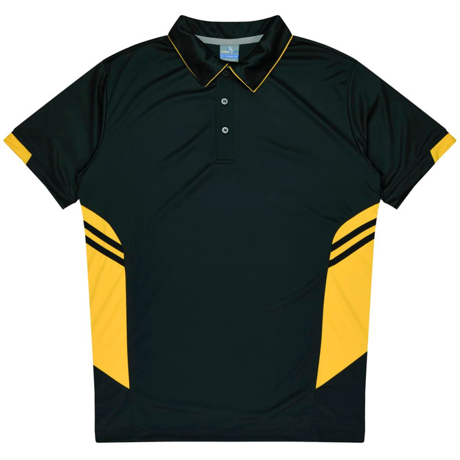 A dark green polo shirt featuring yellow accents and stripes, complete with a collar and buttons. It has a logo.