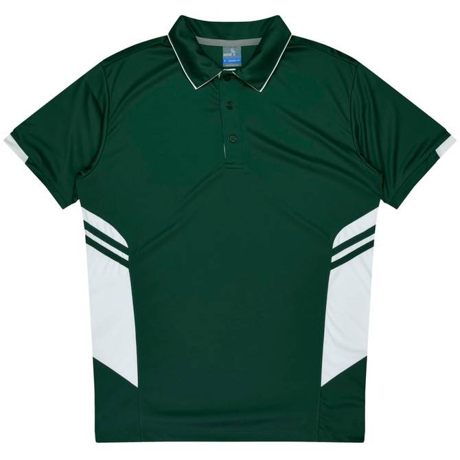 A green polo shirt with white accents and a collar, featuring a branding logo.