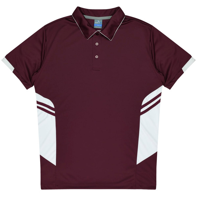 A maroon polo shirt with white side panels and a collar, featuring a logo on the chest.