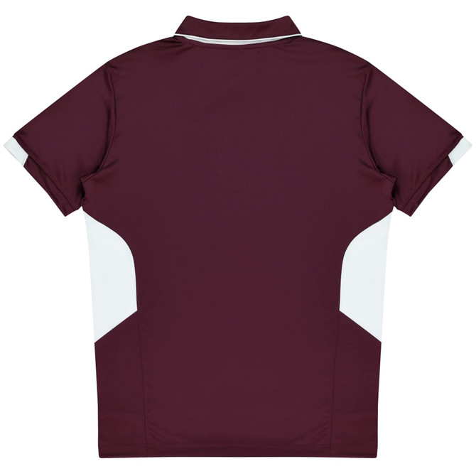 A maroon kids polo shirt featuring white panel accents and a logo on the back.