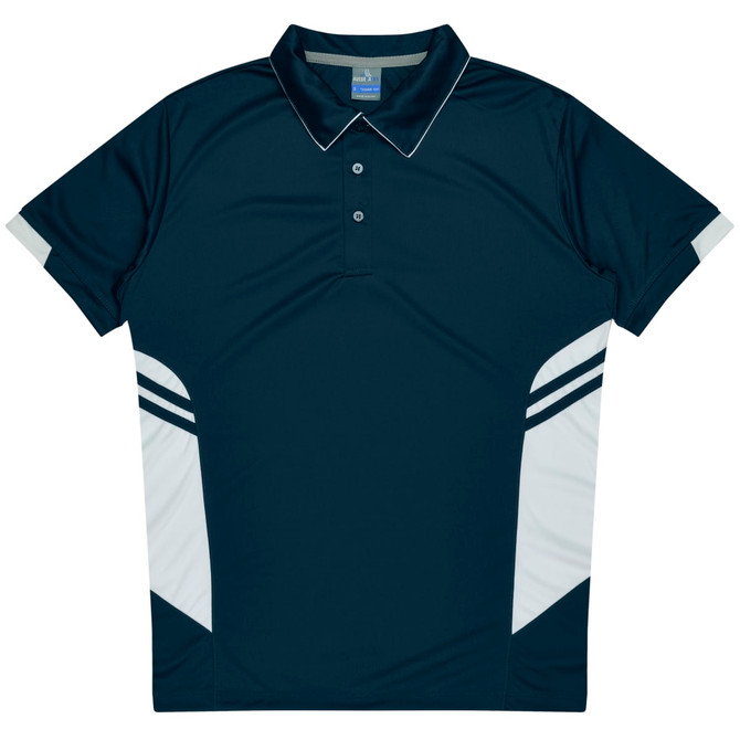 Navy blue polo shirt featuring white accent stripes and a branded logo on the collar.