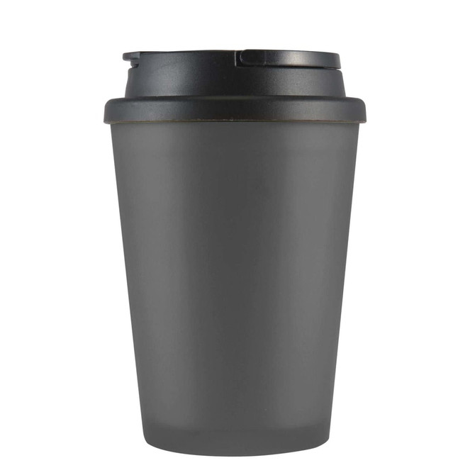 A reusable coffee cup in matte grey with a black handle lid. Features branding on the surface.