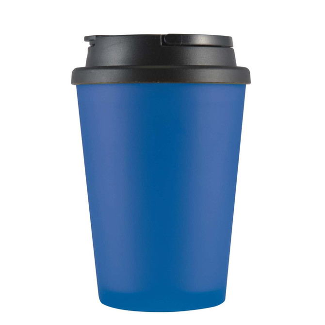 A reusable blue coffee cup with a black lid, featuring a logo on the surface.