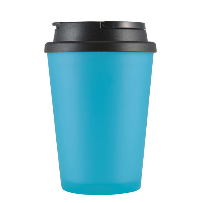 A reusable coffee cup in a vibrant blue, featuring a black lid and a smooth design. It has a logo on the side.