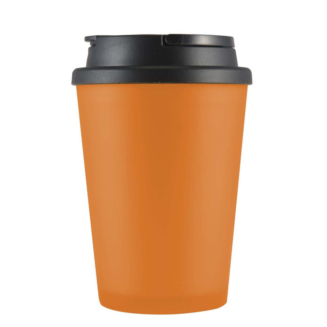 An orange reusable coffee cup with a black lid, featuring a logo on the side.