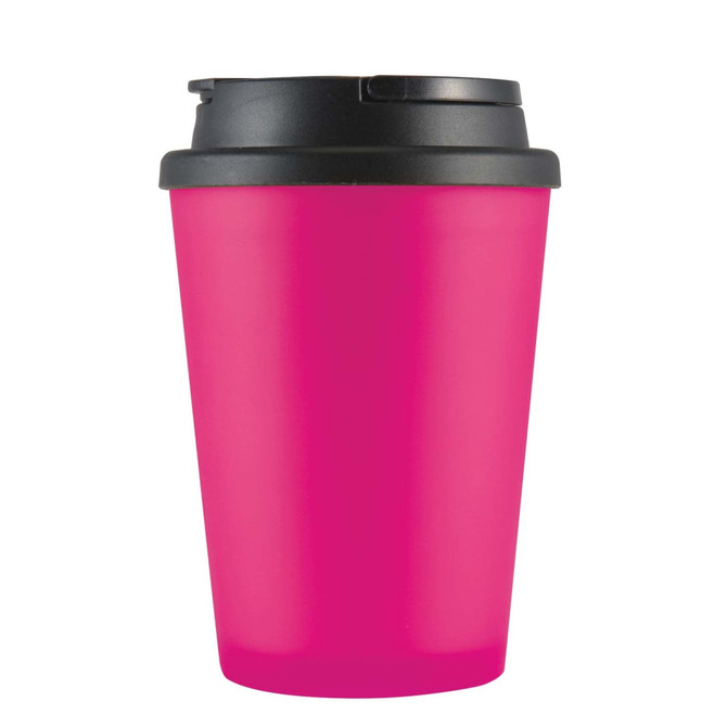 A reusable coffee cup featuring a vibrant pink body and a black handle lid. It also includes a logo.