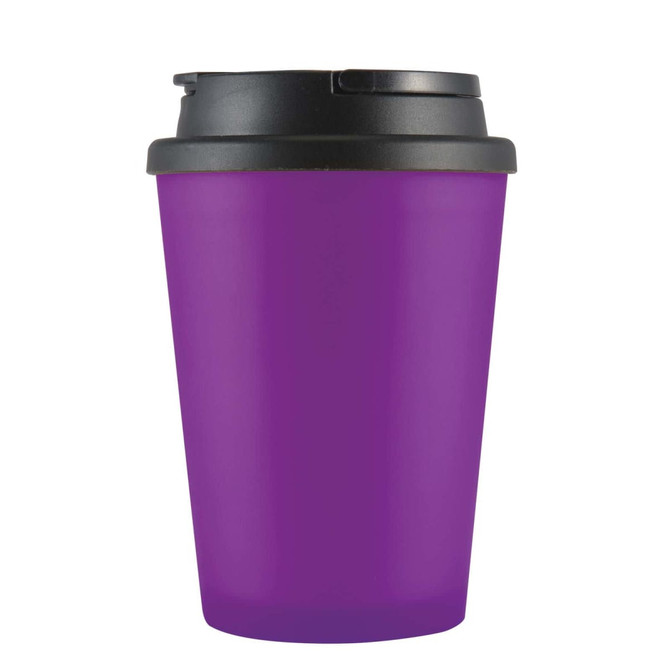 A reusable coffee cup in vibrant purple with a black handle lid, featuring a logo.
