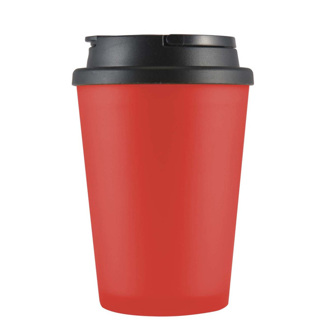 A reusable coffee cup in vibrant red with a black handle lid, featuring a logo.