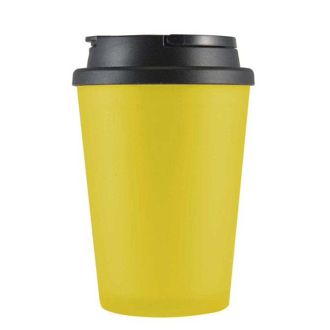A reusable coffee cup in vibrant yellow with a black lid, featuring a logo.