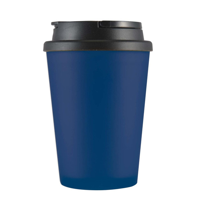 A reusable coffee cup in navy blue with a black lid, featuring a sleek design and a branding logo.