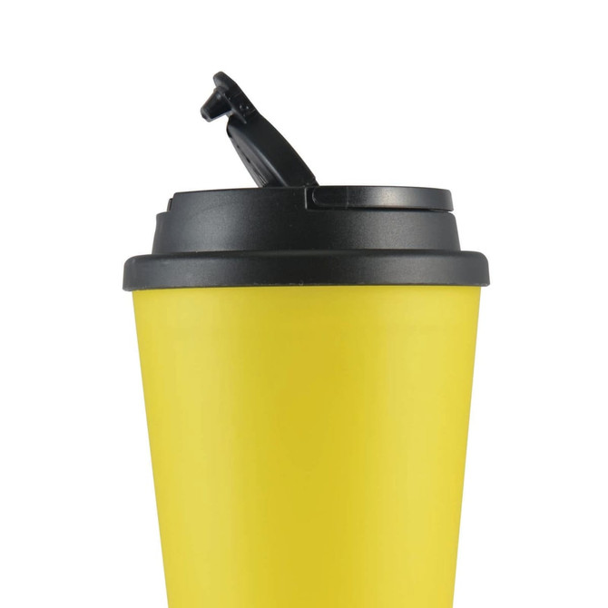 A reusable coffee cup in bright yellow with a black handle lid, featuring a logo on the surface.