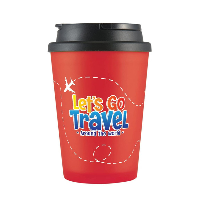 A reusable red coffee cup with a black lid and a logo featuring travel-themed graphics.
