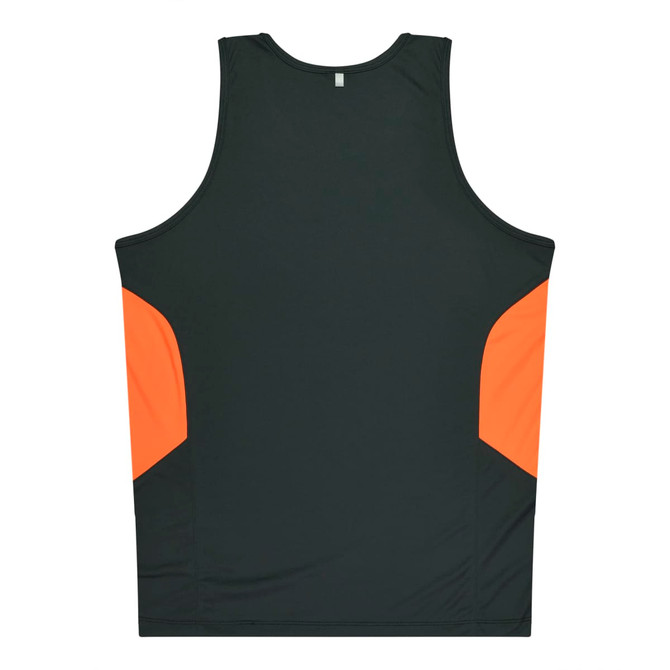 A dark green singlet with orange side panels and a logo on the back. Casual style for kids.