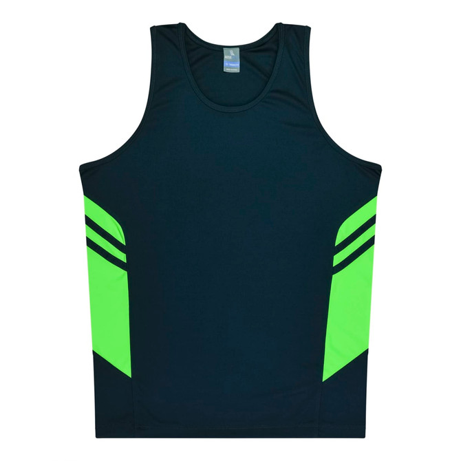 A dark navy singlet with vibrant green side panels and stripes, featuring a logo on the upper back.
