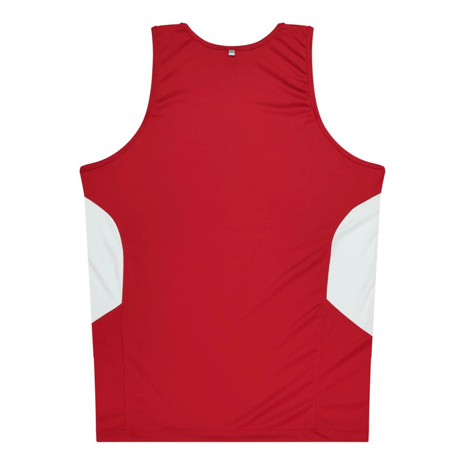 A red singlet with white side panels and a logo, designed for kids.