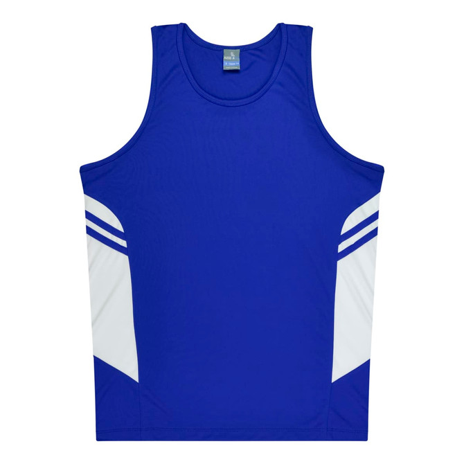 A blue singlet with white side panels and a branding logo on the front.