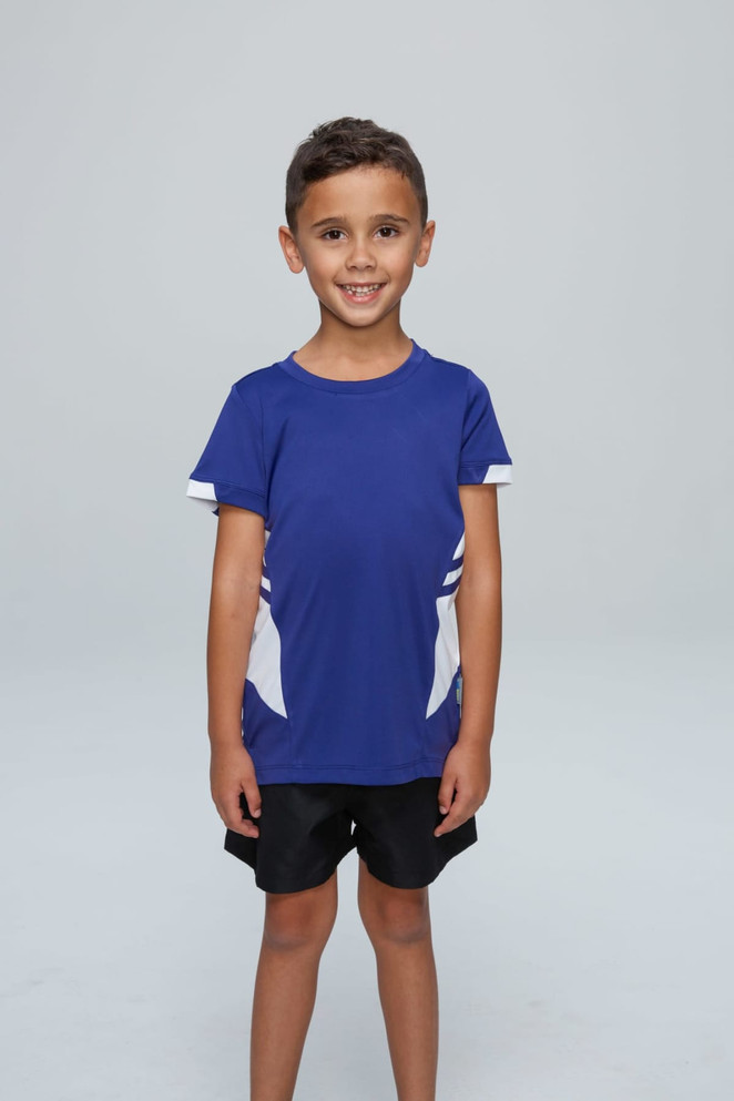 A blue T-shirt with white accents suitable for kids, featuring a logo on the front.