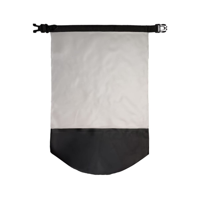 A waterproof bag featuring a grey top section and a black bottom, with a logo and adjustable straps.