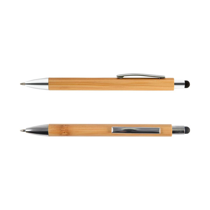 A bamboo pen and stylus featuring a silver accent and clip, showcasing a natural wood finish.