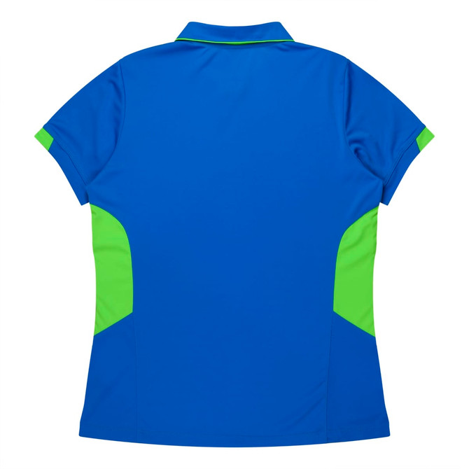 A blue polo shirt with green accents featuring a collar and short sleeves. The back view showcases a logo.