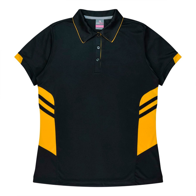 A black and gold polo shirt with a collar and short sleeves, featuring contrasting side panels and a logo.