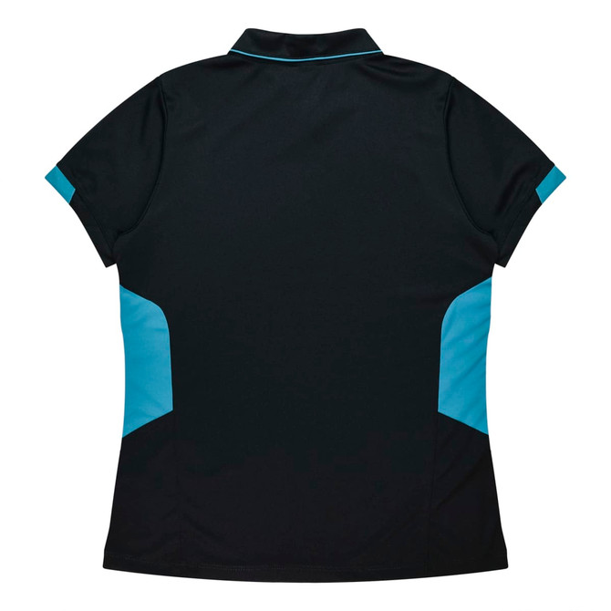 A black polo shirt with blue accents, featuring a collar and short sleeves, and a logo on the back.