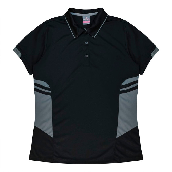 A black polo shirt with grey accents and a logo. It features a classic collar and a sporty design.