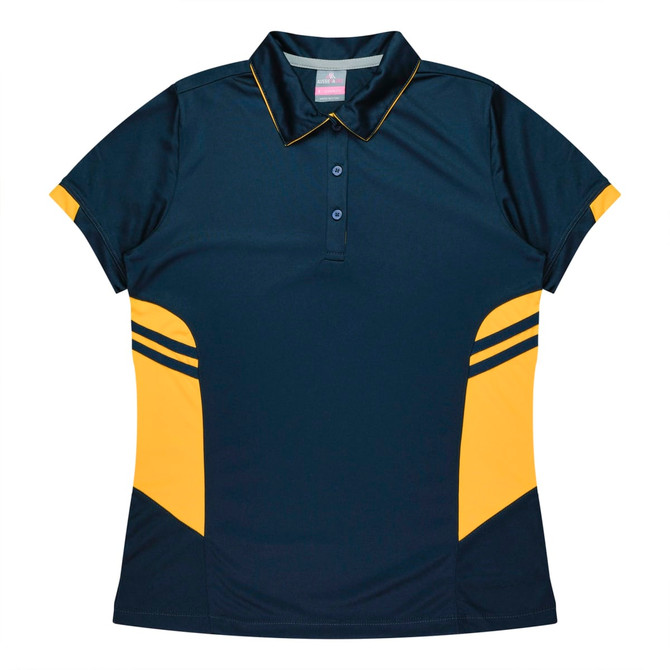 A navy and yellow polo shirt featuring a collar and branding. It has a sporty design with side panels.