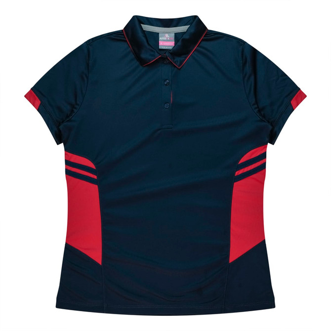 A navy blue and red women's polo shirt featuring a collar and sporty side stripes, with a logo present.