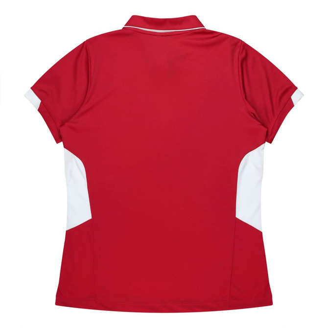 A red polo shirt with white side panels and a collar, featuring a logo on the side.