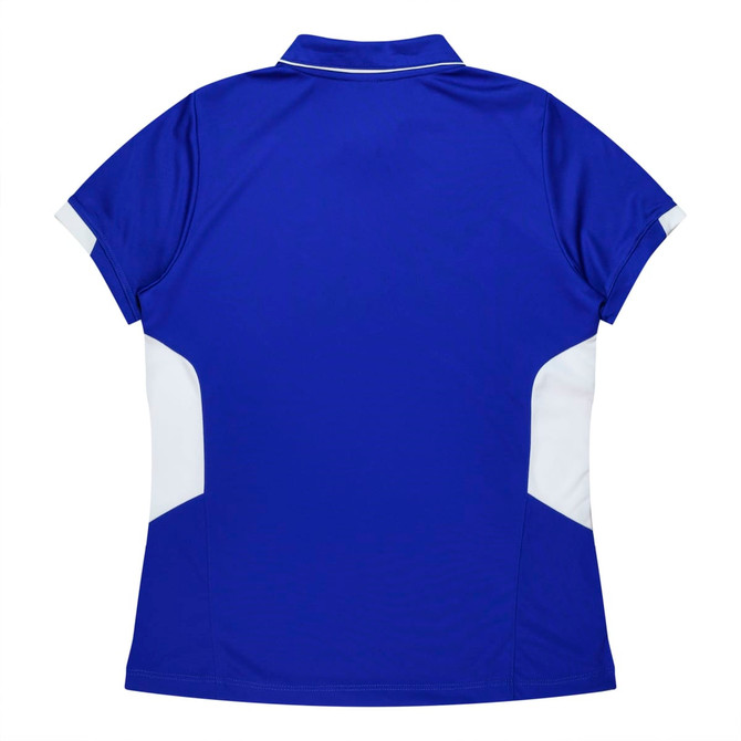 A blue polo shirt with white side panels and a collar, featuring a logo on the front.