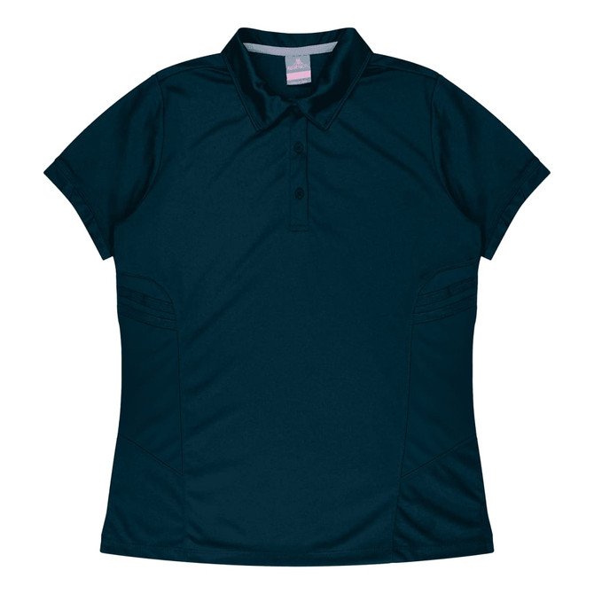 A dark teal polo shirt with a collared design, featuring short sleeves and side panels, along with a logo.