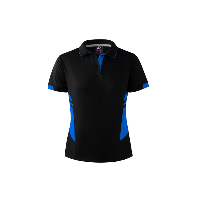 A black polo shirt with blue accents, featuring a collar and three-button placket, includes a logo.