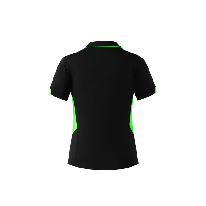 A black polo shirt with green detailing and a logo on the front. Suitable for casual wear or team activities.