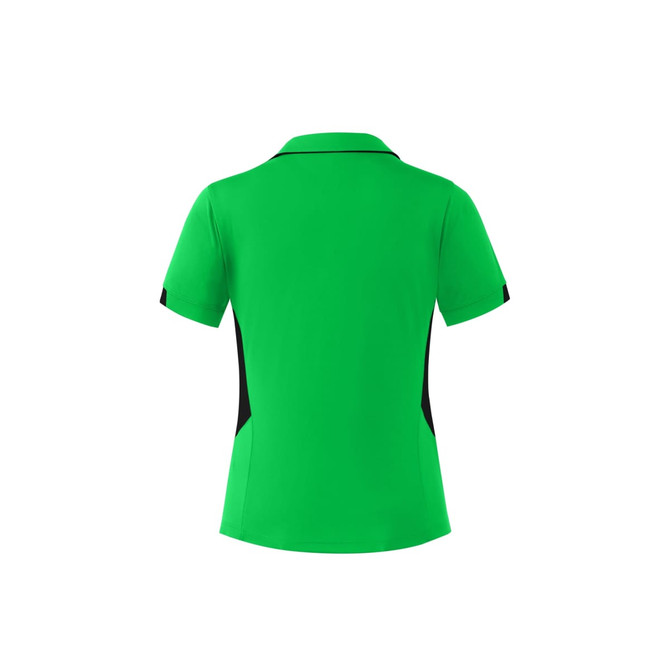 A green polo shirt with black side panels and a collar, featuring a logo on the back.
