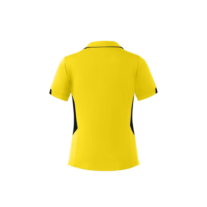 A yellow polo shirt featuring black side panels and a simple collar. It has a logo on the back.