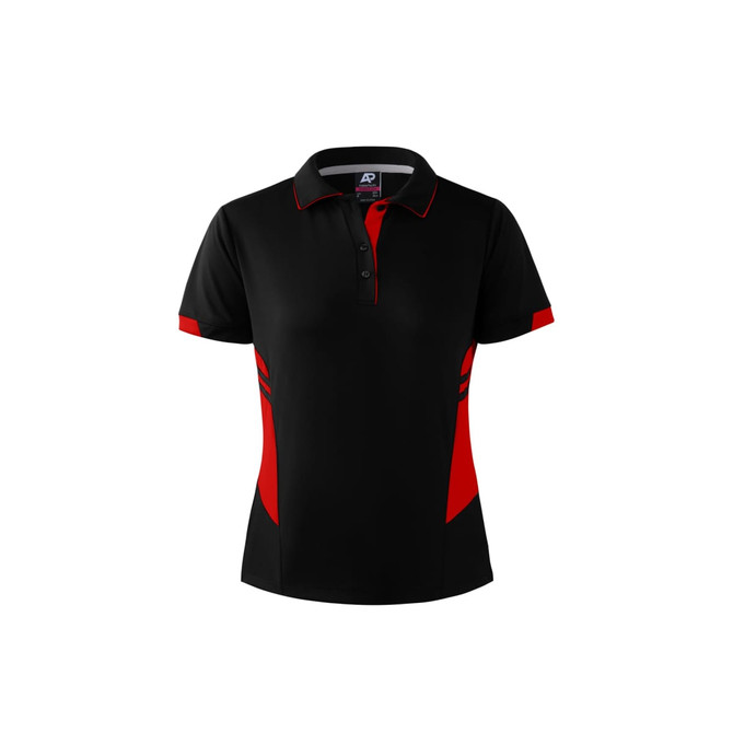 A black polo shirt with red accents and a branded logo on the collar. It features a classic collar and buttons.
