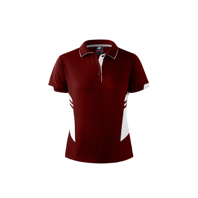 A maroon polo shirt with white detailing and a logo on the collar. Short sleeves and a classic cut.