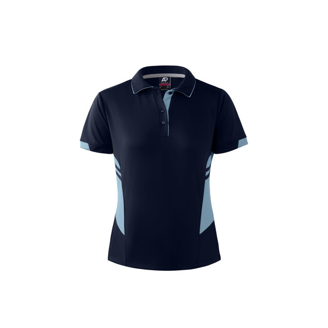 A navy blue polo shirt with light blue accents and a logo on the chest. Features a collar and short sleeves.