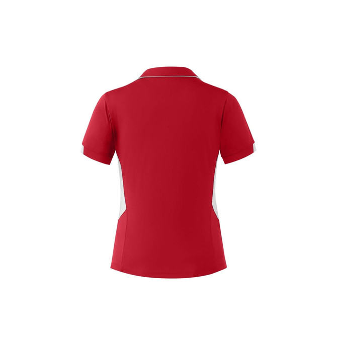 A red polo shirt featuring a white side panel and a collar, with a logo present on the design.